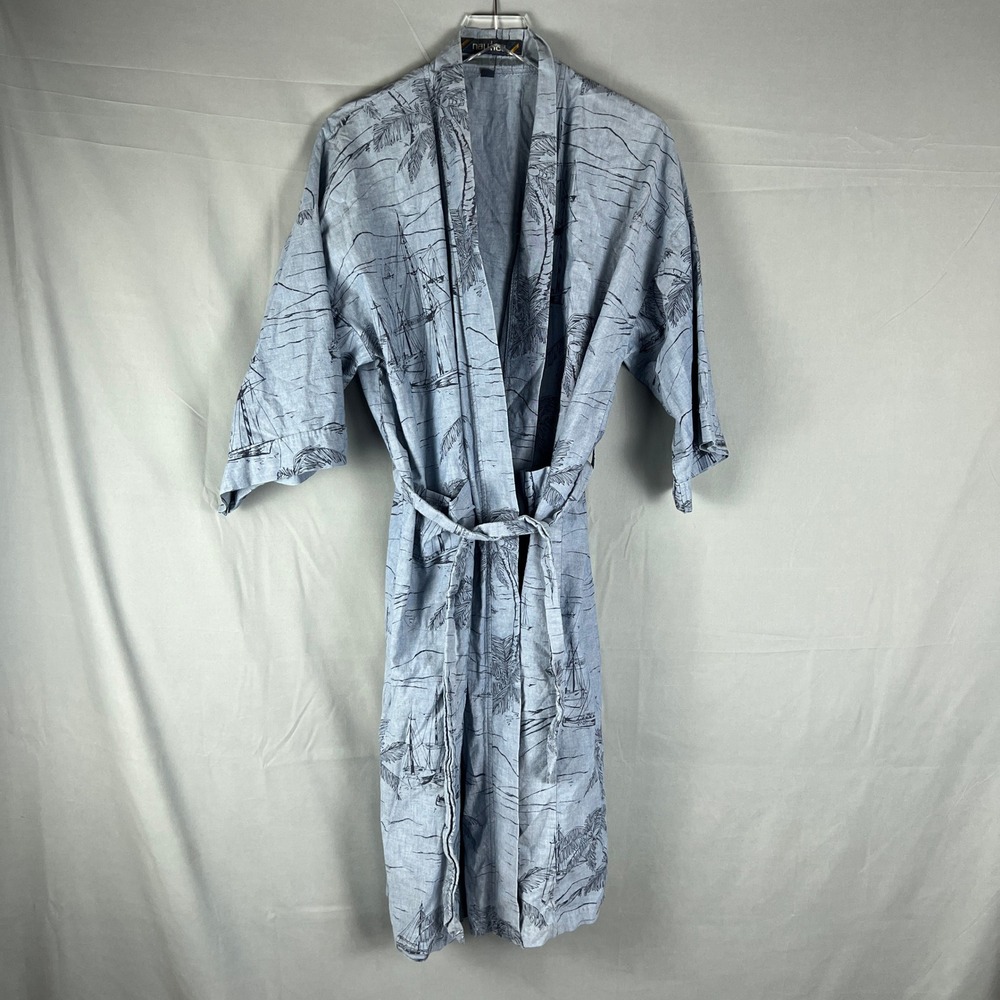 Nautica Kimono Robe Mens OS Blue Palm Tree Sailboat Cotton Tie Waist Sleepwear